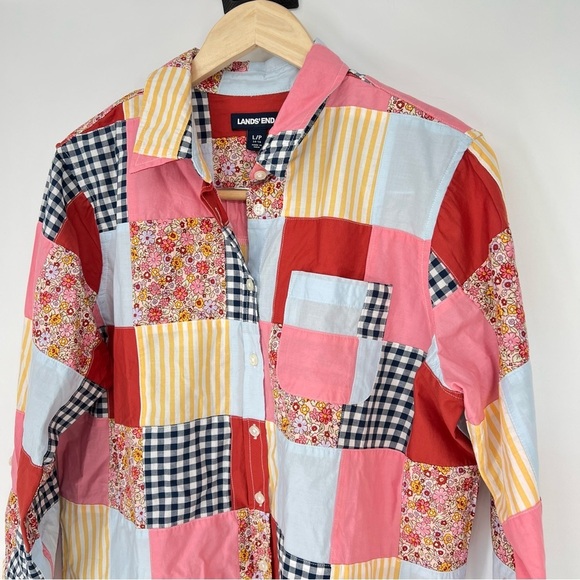 Lands' End Red Pink Casual Button Down Shirt Patchwork Poplin Boyfriend Quilt - Picture 2 of 10